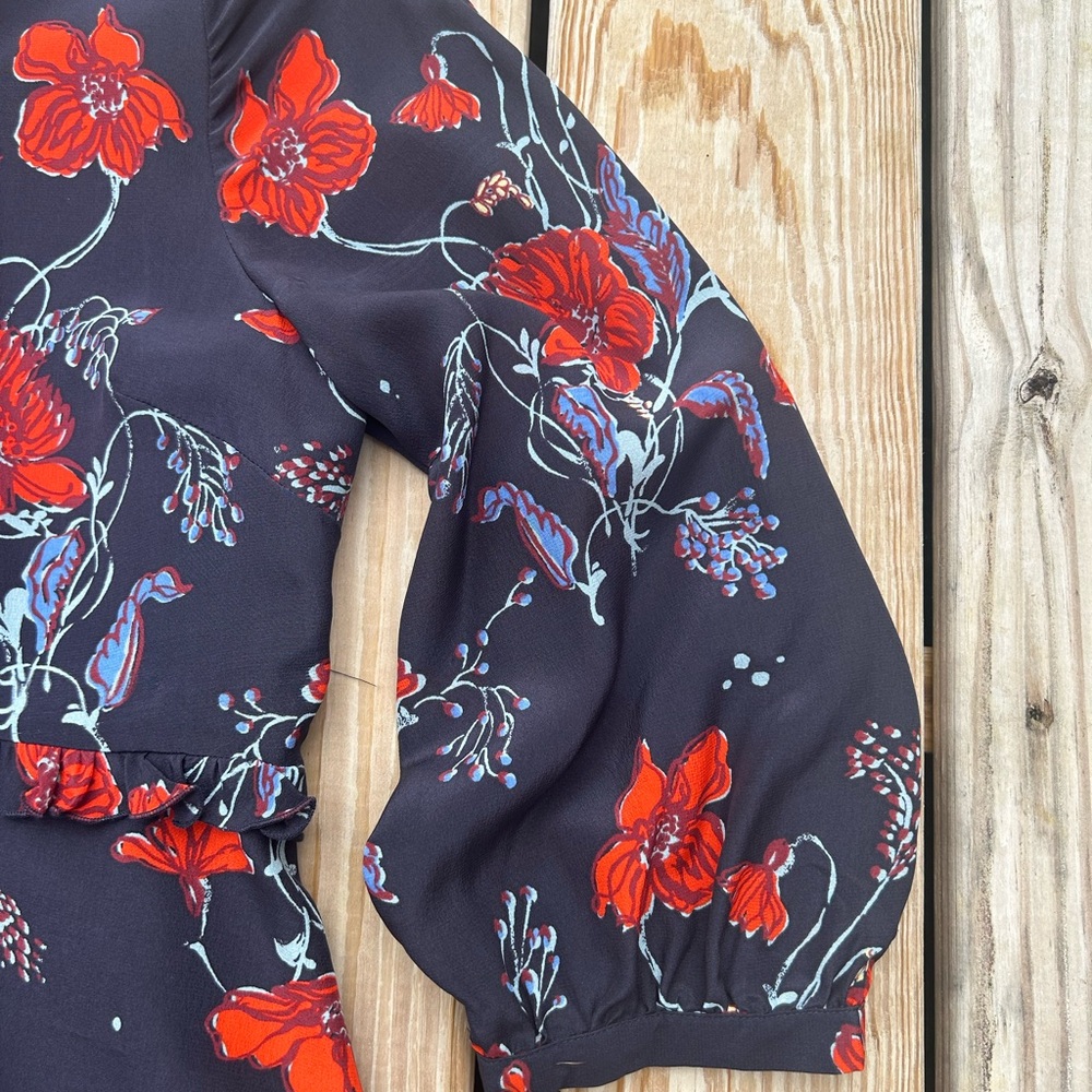 MADEWELL Silk Ruffle-Waist Dress in Windblown Poppies 3/4 sleeve mini SZ 12 EUC - Picture 5 of 15